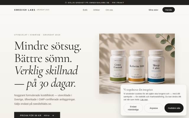 Vitrine de Swedish Labs — Developed in Sweden. Built on Science.