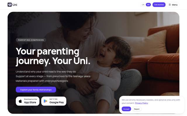 Startseite von Uni — a parenting companion for every stage