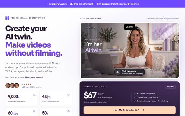 Montra da TwinClips AI Founder's Offer: Your AI Twin for $67, One