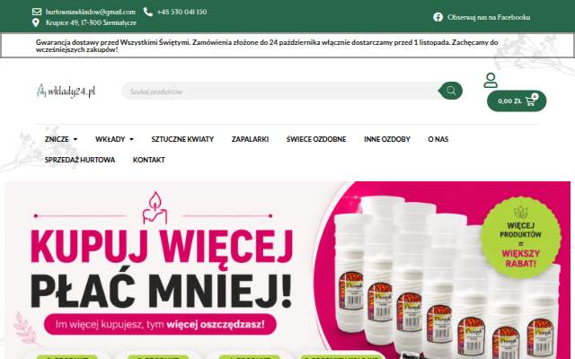 Startseite von Wkłady24 - hurtownia wkładów, kwiatów sztucznych i artykułów florystycznych