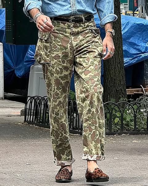 Vintage Camo High‑Rise Straight Leg Cargo Trousers Camouflage Green-3XL