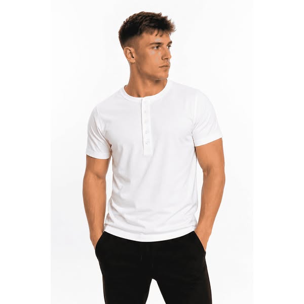 Koszulka męska Henley biała – t-shirt z guzikami, bawełna premium