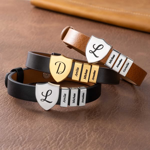 Personalized Shield Bracelet with Name, PU Leather Adjustable Jewelry, Sentimental Family Bracelet, Father's Day/Birthday Gift for Dad/Husba