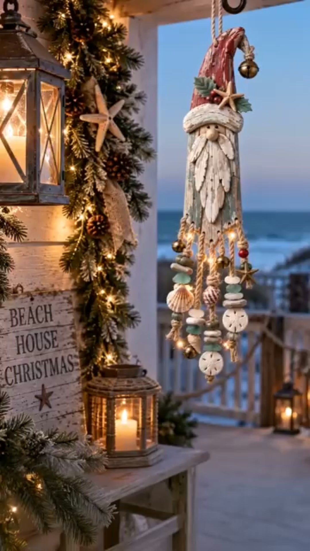 Vintage Coastal Santa Lighted Wall Decor – Beach House Christmas Hanging with Starfish, Shells & Warm Glow