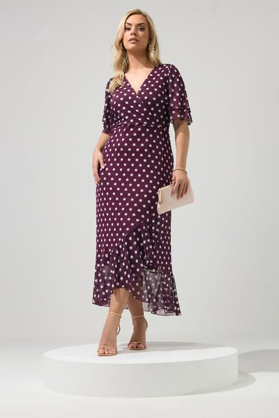 Yours London Plus Size Burgundy Red Polka Dot Wrap Dress