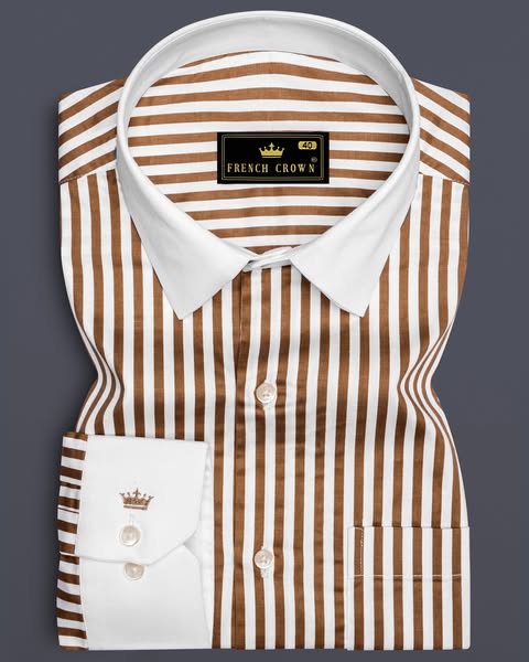 Just $57.39 | Bralisse-Tawny Brown And Bright White Striped Super Soft Premium Cotton Dress White Cuff Collar Shirt