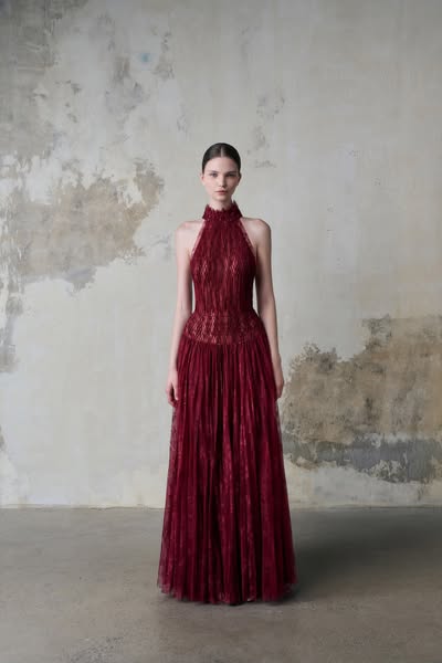 BURGUNDY SMOCKED LACE MAXI DRESS