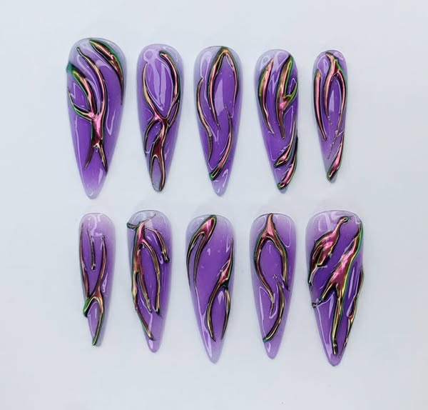 Purple Chrome Flame Press-On Nails | Long Stiletto Shape