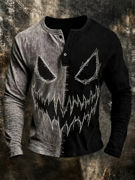 Men's Halloween Dark Gothic Stitched Smile Face Print Henley Long Sleeve T-Shirt