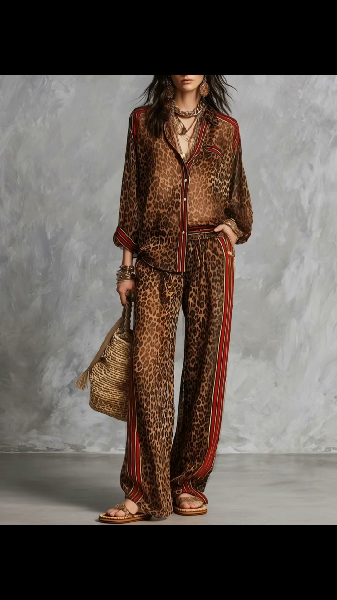 Brown Leopard‑Print Shirt & Striped Wide‑Leg Pants Set | 10% OFF