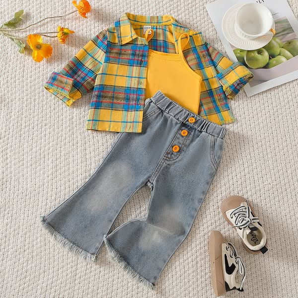 SHEIN Yellow Plaid 3Pcs Kids Children Toddler Girls Outfit Long Sleeve Shirt Suspender Tank Top Flared Denim Pants Casual School Fall Winter