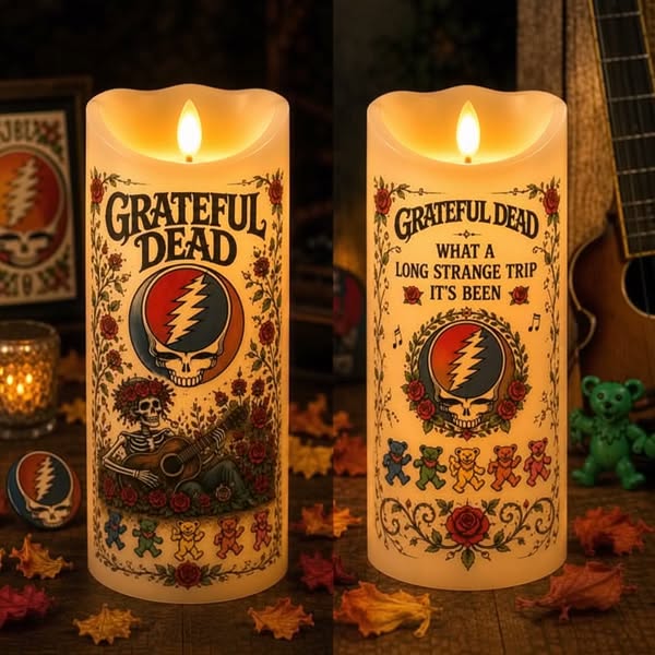 Grateful Dead Flameless LED Candle – Steal Your Face Music Candle, Skull & Roses Decor, Hippie Rock Gift, Grateful Dead Fan LED Candle