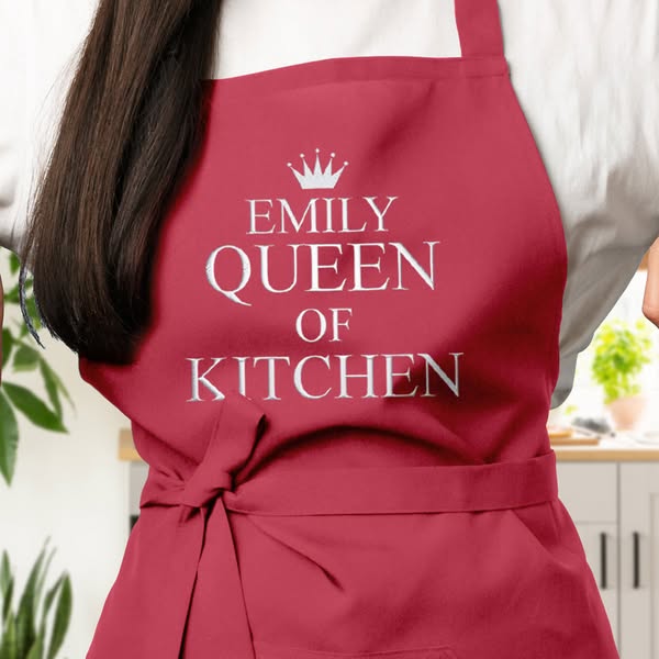 Personalised Embroidered Aprons - Queen Of Kitchen | Birthday Gifts | Anniversary Gifts | Cotton