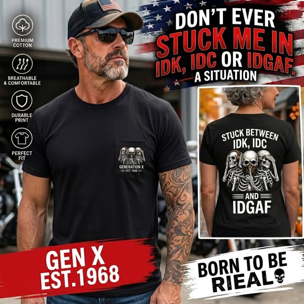 Custom EST.Year GENERATION X STUCK BETWEEN IDK, IDC AND IDGAF Skeletons Graphic T-Shirt