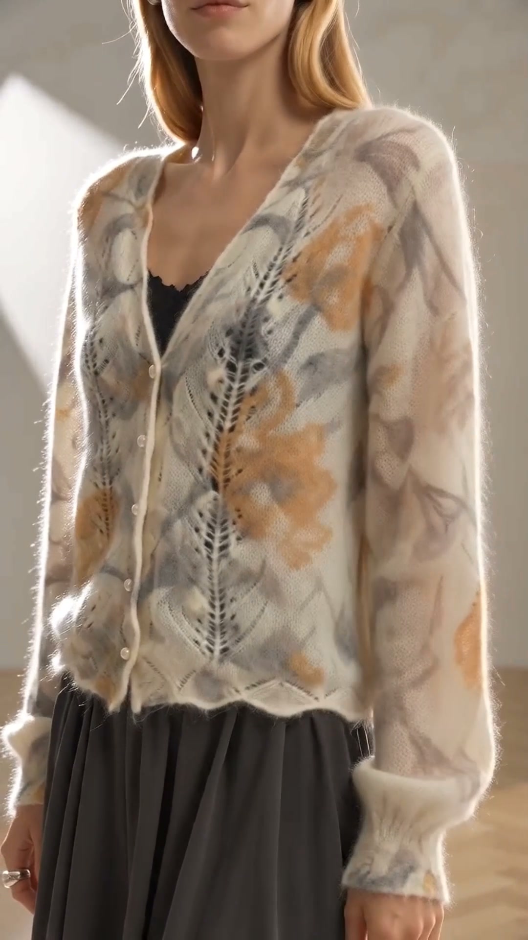French floral mohair-blend cardigan — pointelle knit, made to layer.