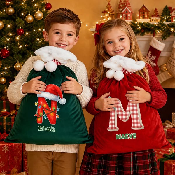 Custom Name Holly/Gingham/Santa/Hat & Lights Alphabet Velvet Pom-Pom Holiday Gift Bag, Large Capacity Santa Sack, Christmas Gift for Kids/Fa