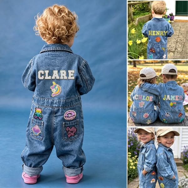 Personalized Baby Hand Patch Oversized Denim Jumpsuit