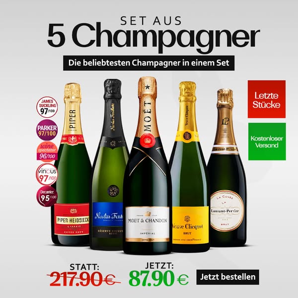 Veuve Clicquot Brut, Moët Impérial, Bollinger Special Cuvée, Mumm Cordon Rouge & Ruinart Brut