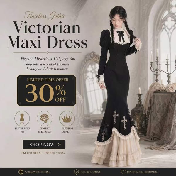 Gothic Victorian Mermaid Dress with Lace Collar and Tiered Underskirt