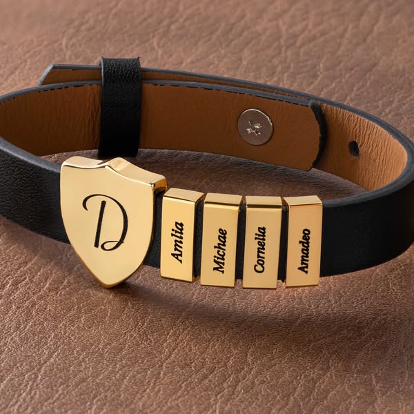 Personalized Shield Bracelet with Name, PU Leather Adjustable Jewelry, Sentimental Family Bracelet, Father's Day/Birthday Gift for Dad/Husba