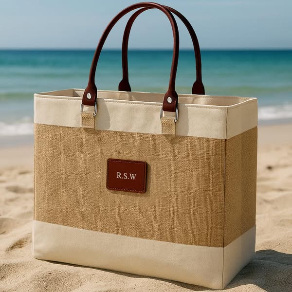 Personalised Jute & Leather Beach Bag | Birthday Gifts | Anniversary Gifts | Jute/leather