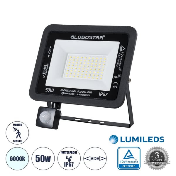 AURORA 61441 Προβολέας με Ανιχνευτή PIR / Αισθητήρα Κίνησης LED 50W 6250lm 120° IP67 Ψυχρό Λευκό 6000K