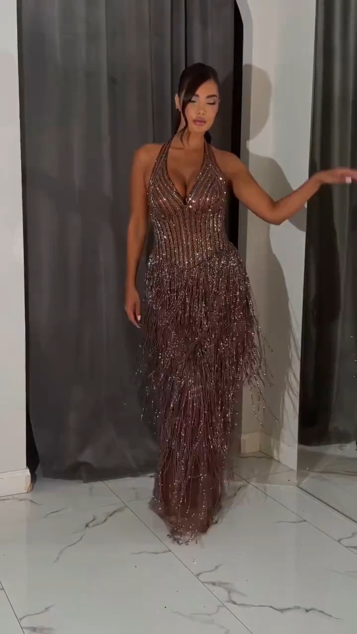 Chocolate Halter Deep V Fringe Maxi Dress | Glam Evening Gown