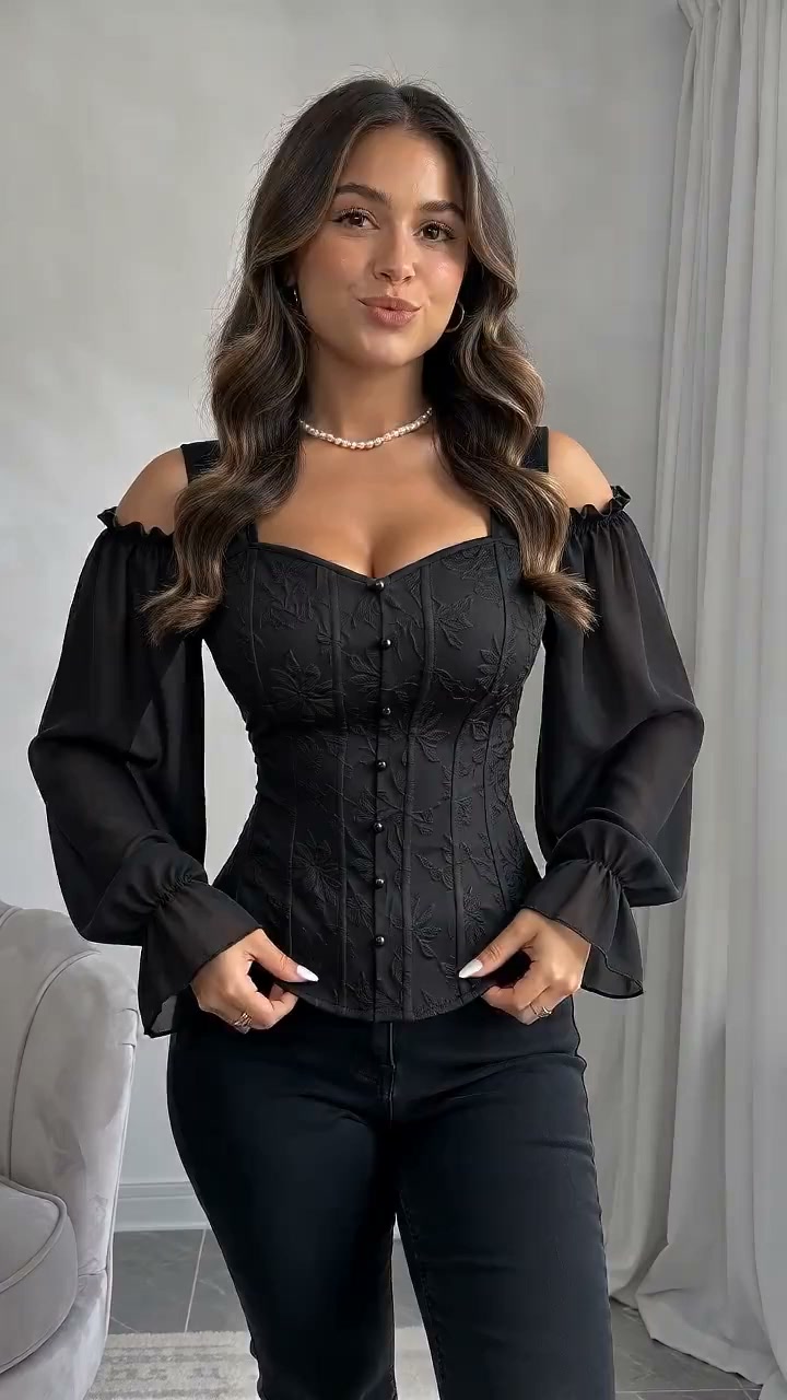 Ladies Elegant Cold Shoulder Floral Jacquard Shirt
