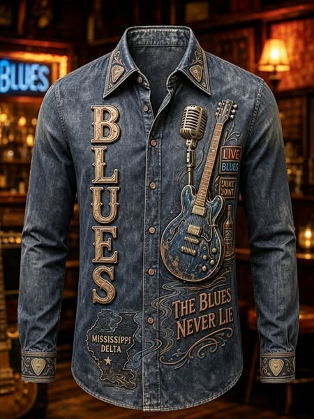 Men's Vintage The Blues Never Lie Guitar Music Art Print Long Sleeve Shirt