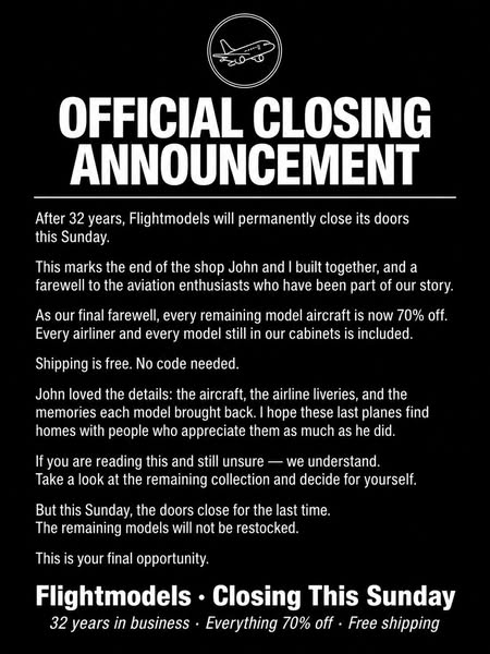 FlightModels Is Closing — Everything 70% Off