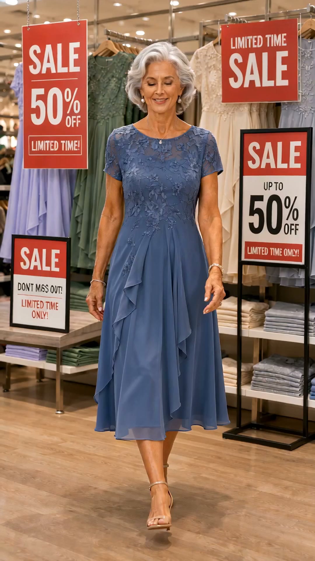 LIMITED TIME 50% OFF! Women’s Elegant Round Neck Dress – Lace Detail, Flowing Silhouette & Waist-Defining Fit