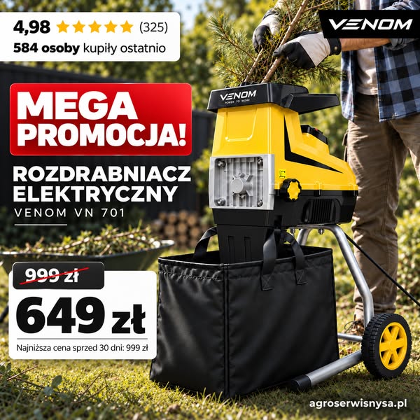 MEGA WYPRZEDAŻ VENOM Rozdrabniacz elektryczny 2800W do grubych gałęzi 44 mm 2×60 L i wysyłka GRATIS w 24h