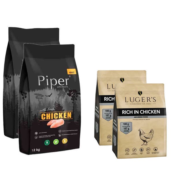 Karma sucha dla psa Piper Animals z kurczakiem worek 2 x 12 kg + Luger’s karma suszona dla psa boga