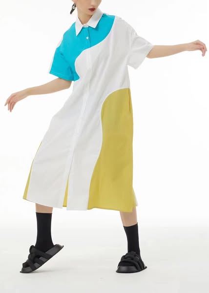 5.1French Colorblock Peter Pan Collar Patchwork Cotton Shirt Dresses Summer M(Fit for EU 40-42, US 8-10, UKAU 12-14, IT 44-46)-White