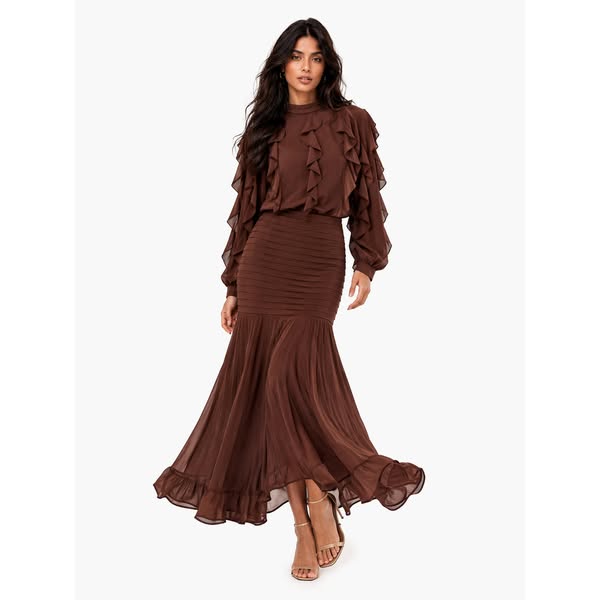 Elegant Ruffle Top & Ruched Mermaid Maxi Skirt Two-Piece Set