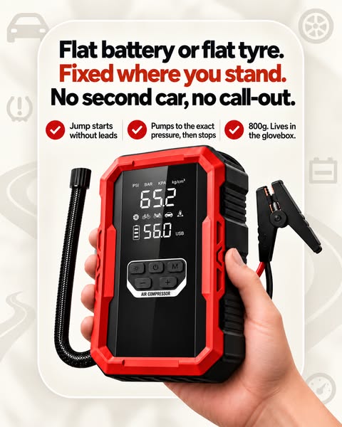 Jump Starter + Tyre Inflator Gets You Moving in Minutes