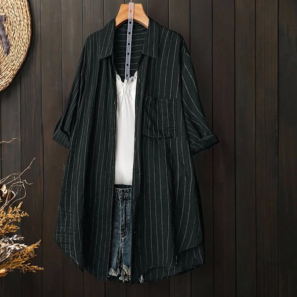 SHEIN Plus Size Black Striped Loose Casual Long Sleeve Roll Up Asymmetrical Hem Collared Woven Shirt Blouse Top For Women Fall Summer Vacati