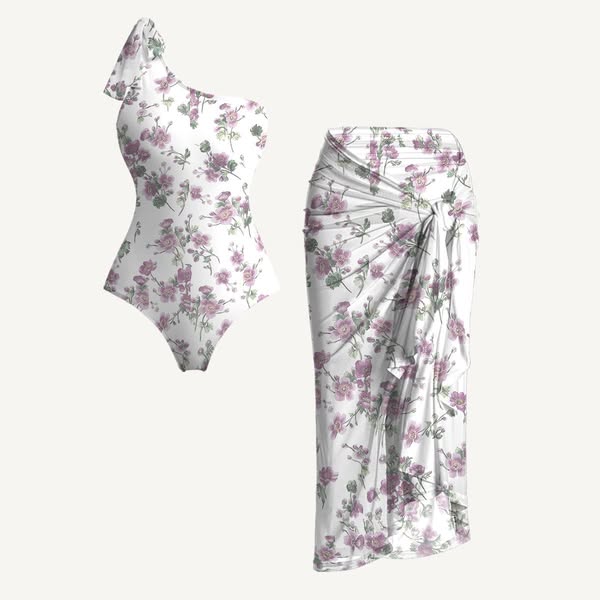 Lavender Field Whisper One Shoulder One Piece Swimsuit and Matching Sarong Set for Women$59.99