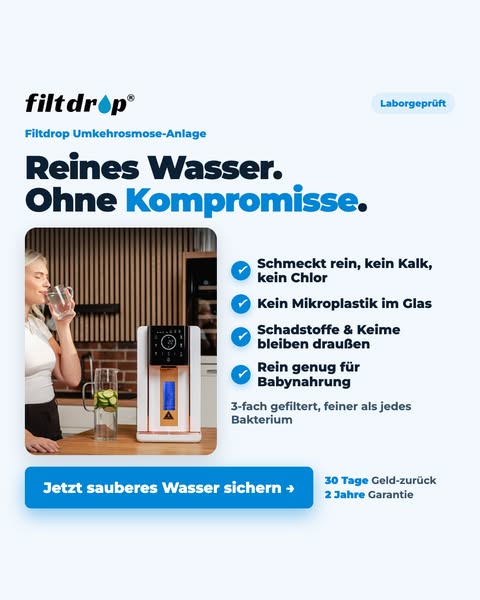 Kein Wasseranschluss nötig. 100 % gefiltertes Trinkwasser mit 3-stufigem Filtersystem