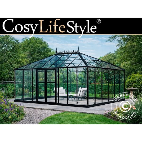Orangeri, drivhus Glas 19m², 5,14x3,71x3,15m m/sokkel og tagudsmykning, Sort