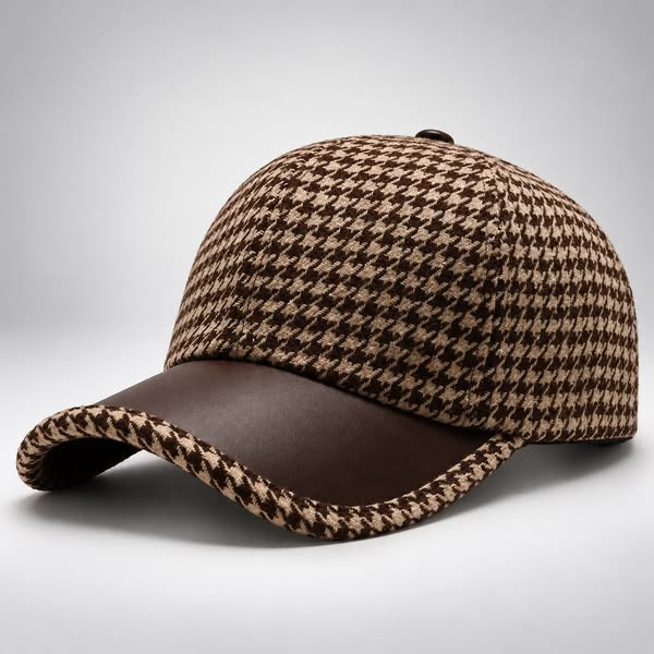 Houndstooth Leather Cap