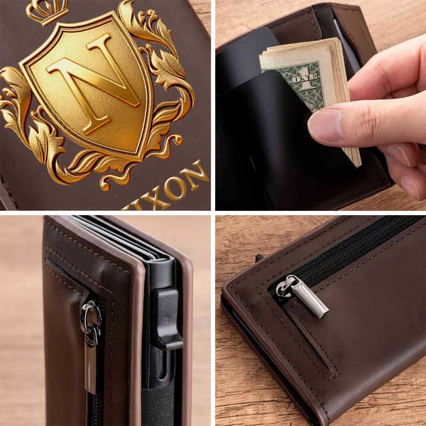 Carteira masculina de couro com nome personalizado, coroa dourada, alfabeto, proteção RFID e porta-cartões pop-up. Ideal para aniversários