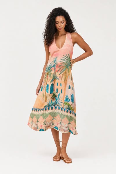 Holiday Palm Architectural Print V-Neck Sleeveless Midi DressMulticolorL