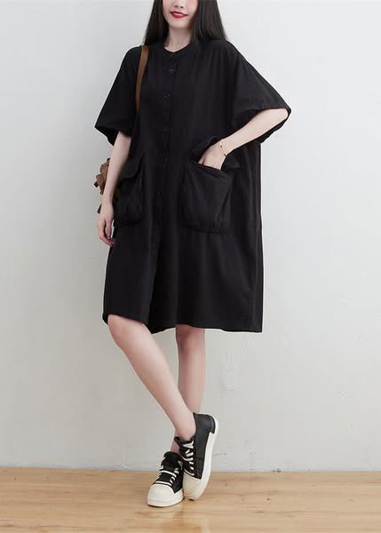 Plus Size Black O-Neck Pockets Button Linen Dresses Short Sleeve Green-L(Fit for EU 42-44, US 10-12, UK/AU 14-16, IT 46-48 )