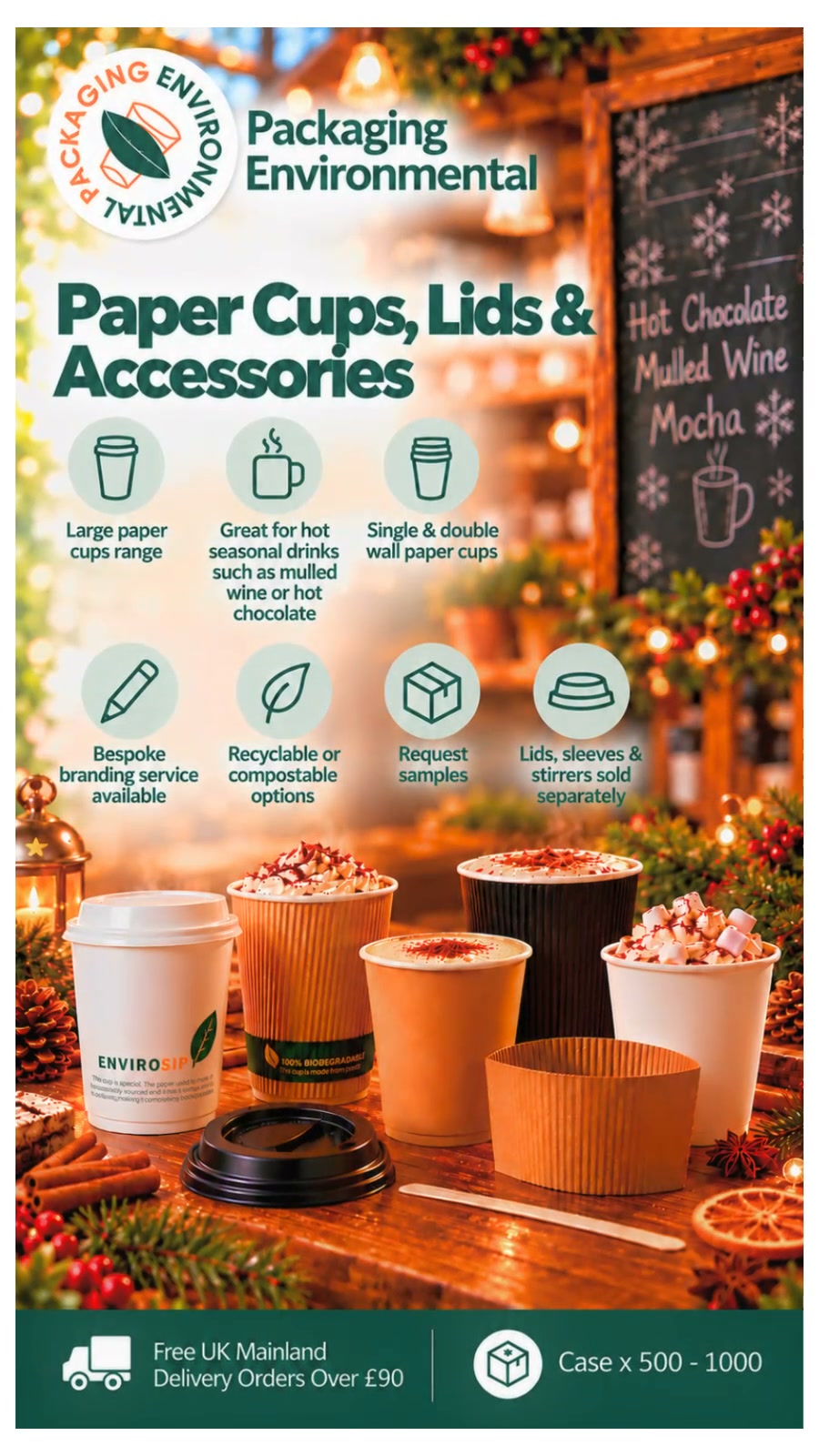 500 x 12oz Compostable White Double Wall Paper Cup