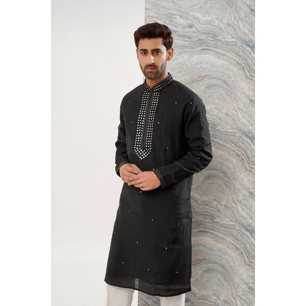 ₹9,799 | Black Cotton Silk Mirror Work Kurta Set with Trousers