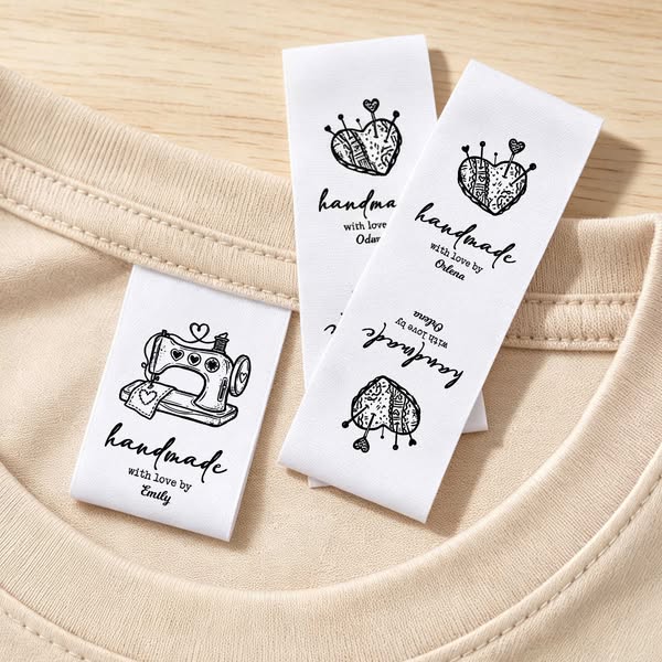 Custom Name Heart Pincushion/Scissors/Yarn Ball Design Cotton Sewing Labels (Set of 50), Handmade Fabric Name Tags, Gifts for Knitters/Craft