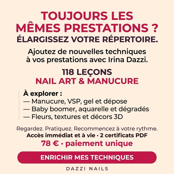 Offre spéciale : 59 leçons techniques + 59 leçons de Nail Art = 79 € au lieu de 118 €