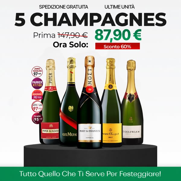 5x750ml: Veuve Clicquot Brut, Moët Impérial, Bollinger Special Cuvée, Mumm Cordon Rouge e Ruinart Brut