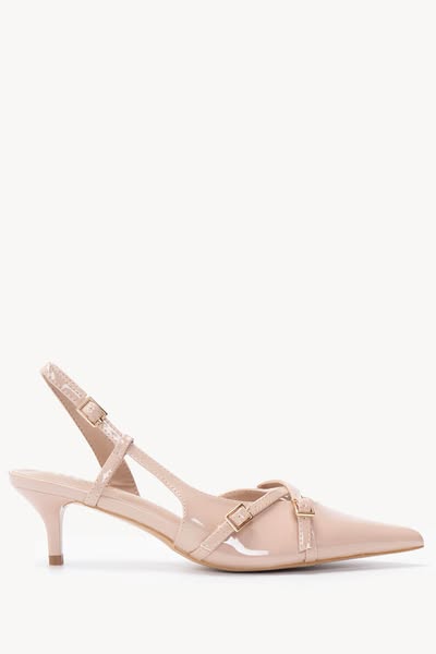 Μπεζ Slingback Γόβες με Λουστρίν Υφή και Χαμηλό Τακούνι
